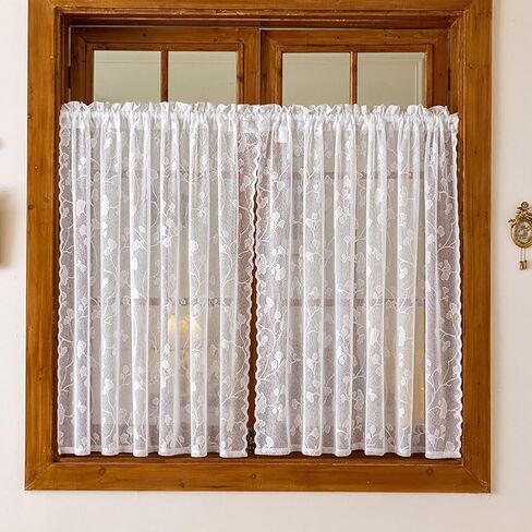2 Panels Lace Sheer Kitchen Tier Curtains 39 Inch Length, Leaf Embroidered Small Cafe Curtain, Light Filtering Short Window Drapes for Bathroom Basement (White,55"x39") in Saudi Arabia