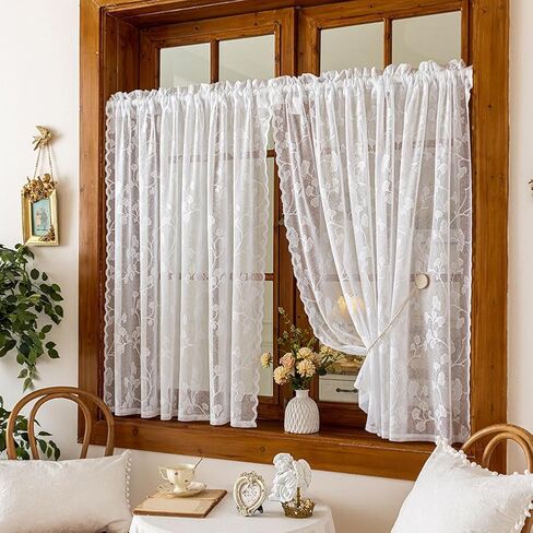 2 Panels Lace Sheer Kitchen Tier Curtains 39 Inch Length, Leaf Embroidered Small Cafe Curtain, Light Filtering Short Window Drapes for Bathroom Basement (White,55"x39") in Saudi Arabia