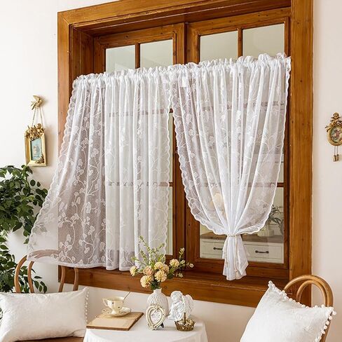 2 Panels Lace Sheer Kitchen Tier Curtains 39 Inch Length, Leaf Embroidered Small Cafe Curtain, Light Filtering Short Window Drapes for Bathroom Basement (White,55"x39") in Saudi Arabia