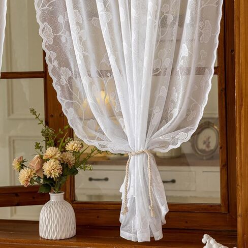 2 Panels Lace Sheer Kitchen Tier Curtains 39 Inch Length, Leaf Embroidered Small Cafe Curtain, Light Filtering Short Window Drapes for Bathroom Basement (White,55"x39") in Saudi Arabia