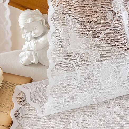 2 Panels Lace Sheer Kitchen Tier Curtains 39 Inch Length, Leaf Embroidered Small Cafe Curtain, Light Filtering Short Window Drapes for Bathroom Basement (White,55"x39") in Saudi Arabia