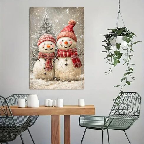 Christmas Snowmen Couple Winter Scene Vintage Rustic Canvas Wall Art - 12x18in Unframed Poster- Home & Office Decor for Living Room, Bedroom, Kitchen & Cafe in Saudi Arabia