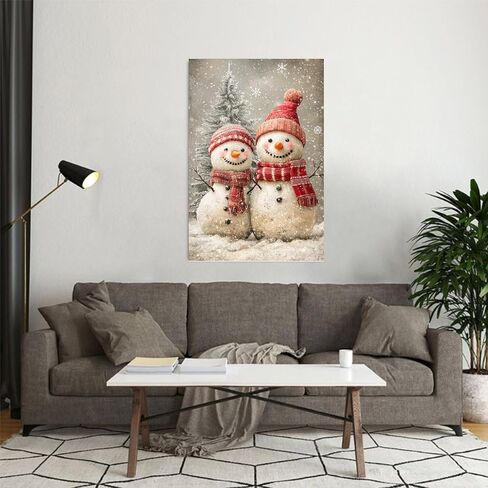 Christmas Snowmen Couple Winter Scene Vintage Rustic Canvas Wall Art - 12x18in Unframed Poster- Home & Office Decor for Living Room, Bedroom, Kitchen & Cafe in Saudi Arabia