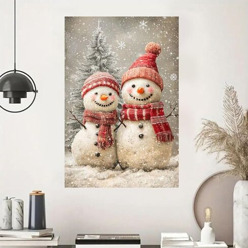 Christmas Snowmen Couple Winter Scene Vintage Rustic Canvas Wall Art - 12x18in Unframed Poster- Home & Office Decor for Living Room, Bedroom, Kitchen & Cafe in Saudi Arabia