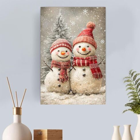 Christmas Snowmen Couple Winter Scene Vintage Rustic Canvas Wall Art - 12x18in Unframed Poster- Home & Office Decor for Living Room, Bedroom, Kitchen & Cafe in Saudi Arabia