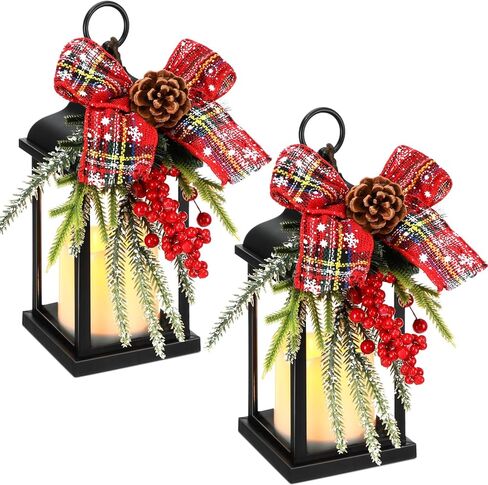 2 Pcs Christmas Lantern Snow Decorative Globe Christmas Porch Decor 10 Inch Candle Lanterns with Flickering LED Flameless Candle Plaid Bow Berry Holiday Hanging Decoration for Xmas Party in Saudi Arabia