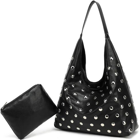 Studded Hobo Bag for Women, Vegan Leather Tote Purse, Soft Slouchy Shoulder Bag in Saudi Arabia