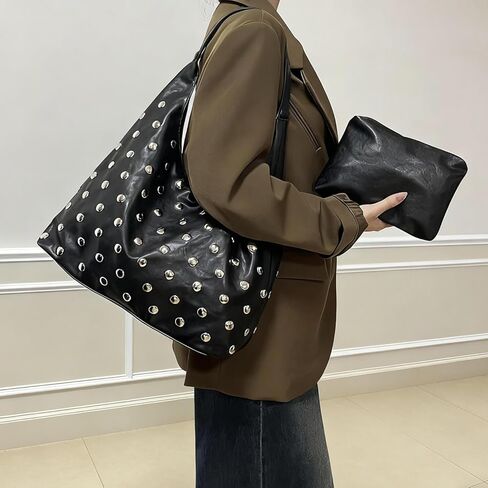 Studded Hobo Bag for Women, Vegan Leather Tote Purse, Soft Slouchy Shoulder Bag in Saudi Arabia