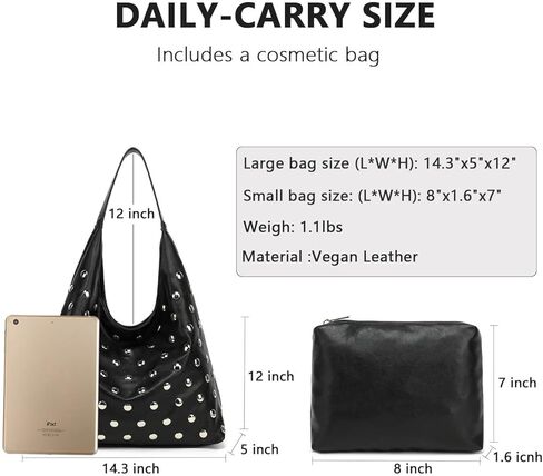Studded Hobo Bag for Women, Vegan Leather Tote Purse, Soft Slouchy Shoulder Bag in Saudi Arabia