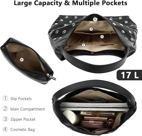 Studded Hobo Bag for Women, Vegan Leather Tote Purse, Soft Slouchy Shoulder Bag in Saudi Arabia
