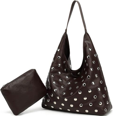 Studded Hobo Bag for Women, Vegan Leather Tote Purse, Soft Slouchy Shoulder Bag in Saudi Arabia