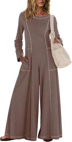Nirovien Womens Long Sleeve Jumpsuit Dressy Casual Wide Leg Pant Romper One Piece Outfits with Pockets in Saudi Arabia