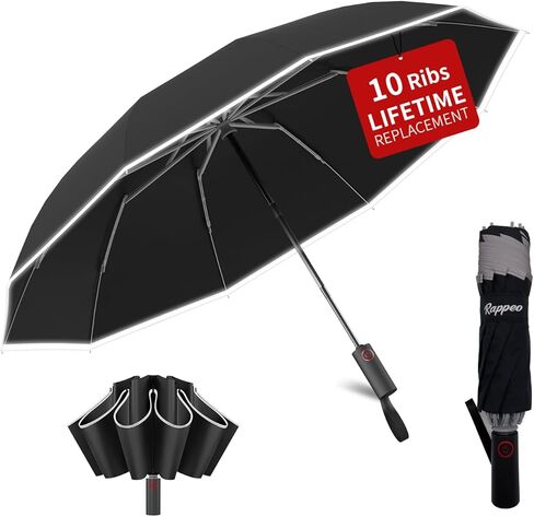 10-Rib Windproof Travel Umbrella,Automatic Folding Umbrella for Rain and Sun,Reverse Umbrella with Anti-rebound Protection,Reflective Safety Strips,Lightweight Portable for Men/Women in Saudi Arabia