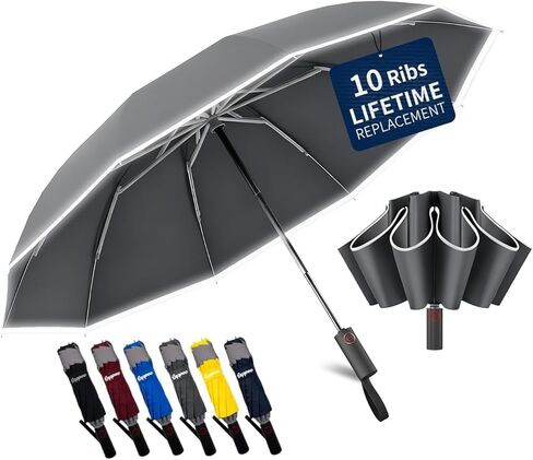 10-Rib Windproof Travel Umbrella,Automatic Folding Umbrella for Rain and Sun,Reverse Umbrella with Anti-rebound Protection,Reflective Safety Strips,Lightweight Portable for Men/Women in Saudi Arabia