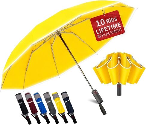 10-Rib Windproof Travel Umbrella,Automatic Folding Umbrella for Rain and Sun,Reverse Umbrella with Anti-rebound Protection,Reflective Safety Strips,Lightweight Portable for Men/Women in Saudi Arabia