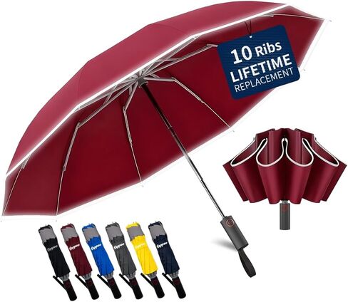 10-Rib Windproof Travel Umbrella,Automatic Folding Umbrella for Rain and Sun,Reverse Umbrella with Anti-rebound Protection,Reflective Safety Strips,Lightweight Portable for Men/Women in Saudi Arabia