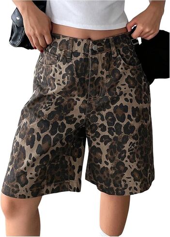 WDIRARA Women's Leopard Print High Waisted Denim Bermuda Shorts Cheetah Wide Leg Baggy Jean Shorts in Saudi Arabia