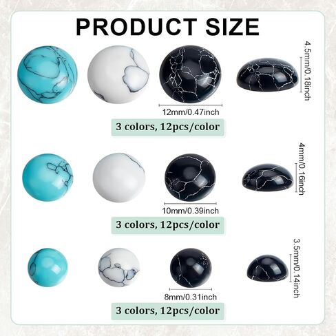 PH PandaHall 108pcs Synthetic Turquoise Cabochons 9 Style Texture Gemstone Tiles Dome Half Round Turquoise Beads Blue White Black Tiles Flatback Stones for Earring Bracelet Cameo Ring Blank Supplies 8/10/12mm in Saudi Arabia
