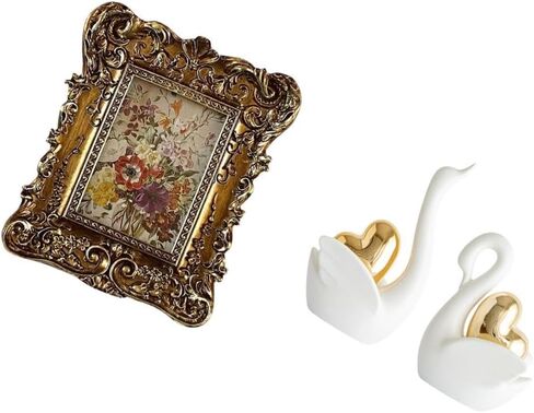 Fenteer Photo Frame Retro Picture Frame Ornate Table Frame Ceramic Swan Statue Vintage Figurine Resin Sculptures Decorative Art Suitable for Gift Giving Home in Saudi Arabia