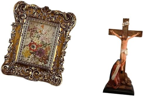 Floral Photo Frame and Jesus Sculpture Ornament Antique Picture Holder with Holy Religious Catholic Mother Mary Statue for Home Office Decor Wedding G in Saudi Arabia