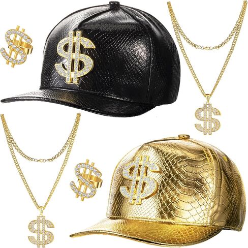 Zhanmai 6pcs 80s 90s Rapper Costume Accessories Hip Hop Costume Outfit Men Money Hat Fake Gold Dollar Chain Necklace Ring(Gold, Black, White) in Saudi Arabia