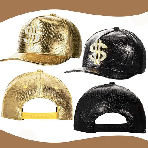 Zhanmai 6pcs 80s 90s Rapper Costume Accessories Hip Hop Costume Outfit Men Money Hat Fake Gold Dollar Chain Necklace Ring(Gold, Black, White) in Saudi Arabia