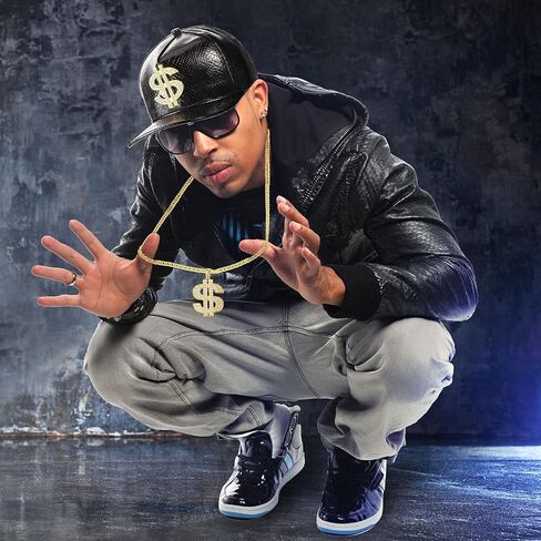 Zhanmai 6pcs 80s 90s Rapper Costume Accessories Hip Hop Costume Outfit Men Money Hat Fake Gold Dollar Chain Necklace Ring(Gold, Black, White) in Saudi Arabia