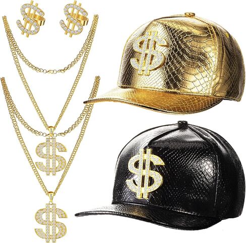 Zhanmai 6pcs 80s 90s Rapper Costume Accessories Hip Hop Costume Outfit Men Money Hat Fake Gold Dollar Chain Necklace Ring(Gold, Black, White) in Saudi Arabia