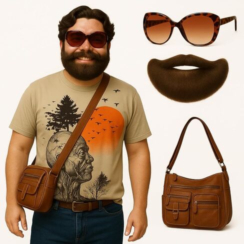 Mepase 3 Pcs Human Tree Shirt Costume Accessories Set Include Brown Beard Purse Satchel Bag and Retro Leopard Glasses for Men Halloween Character Cosplay Costume in Saudi Arabia
