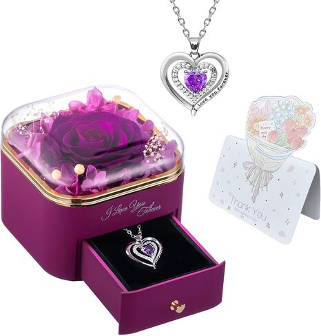 Preserved Real Purple Rose with Heart Necklace, Eternal Flowers Gift for Women, Mom, Wife, Grandma, Girlfriend | Birthday, Anniversary, Christmas, Valentine's, Grandparents Day Gifts for Her in Saudi Arabia