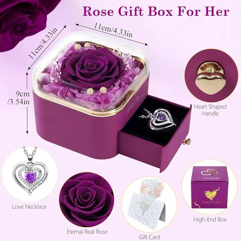 Preserved Real Purple Rose with Heart Necklace, Eternal Flowers Gift for Women, Mom, Wife, Grandma, Girlfriend | Birthday, Anniversary, Christmas, Valentine's, Grandparents Day Gifts for Her in Saudi Arabia