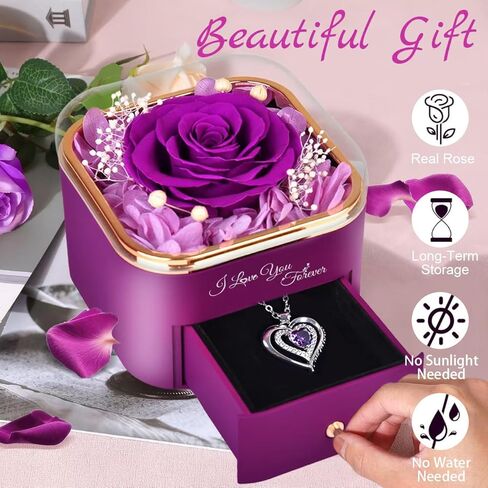 Preserved Real Purple Rose with Heart Necklace, Eternal Flowers Gift for Women, Mom, Wife, Grandma, Girlfriend | Birthday, Anniversary, Christmas, Valentine's, Grandparents Day Gifts for Her in Saudi Arabia