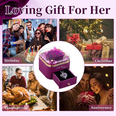 Preserved Real Purple Rose with Heart Necklace, Eternal Flowers Gift for Women, Mom, Wife, Grandma, Girlfriend | Birthday, Anniversary, Christmas, Valentine's, Grandparents Day Gifts for Her in Saudi Arabia