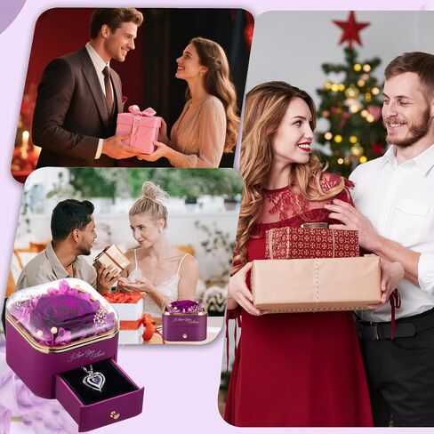 Preserved Real Purple Rose with Heart Necklace, Eternal Flowers Gift for Women, Mom, Wife, Grandma, Girlfriend | Birthday, Anniversary, Christmas, Valentine's, Grandparents Day Gifts for Her in Saudi Arabia