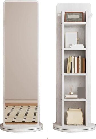 360° Rotating Full-Length Mirror with Bookcase， Floor Dressing Mirror with Hangers and Magzine Rack Storage， with Large Storage for Living Room, Bedroom，Study Room (Walnut) in Saudi Arabia