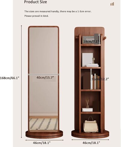 360° Rotating Full-Length Mirror with Bookcase， Floor Dressing Mirror with Hangers and Magzine Rack Storage， with Large Storage for Living Room, Bedroom，Study Room (Walnut) in Saudi Arabia