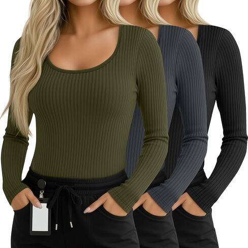 3 Pack Women's Plus Size Underscrubs Shirts, Cotton Ribbed Long Sleeve Scoop Neck Layering Slim Fit Tops for Nurse in Kuwait