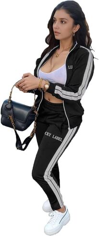 Women's Striped Tracksuits 2 Piece Lounge Outfits Zip Up Sweatshirt and Sweatpants Sets with Pockets S-2XL in Saudi Arabia