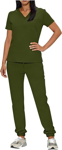 مجموعة الدعك للنساء بلوزات على شكل حرف v وسراويل الركض الدعك الطبية زي الممرضة بدلة حديثة سريرية مع 4 جيوب in Kuwait