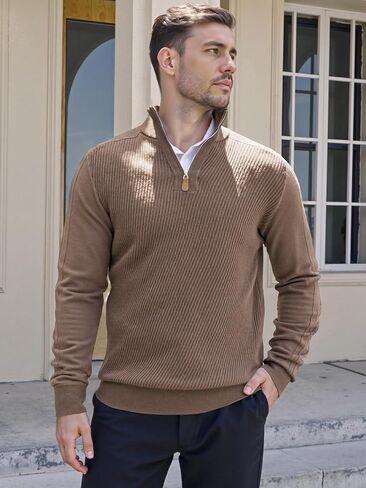 Mens Quarter Zip Pullover Sweater Slim Fit Long Sleeve Knit Lightweight Mock Neck Casual Polo Sweater in Saudi Arabia