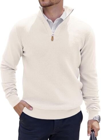 Mens Quarter Zip Pullover Sweater Slim Fit Long Sleeve Knit Lightweight Mock Neck Casual Polo Sweater in Saudi Arabia