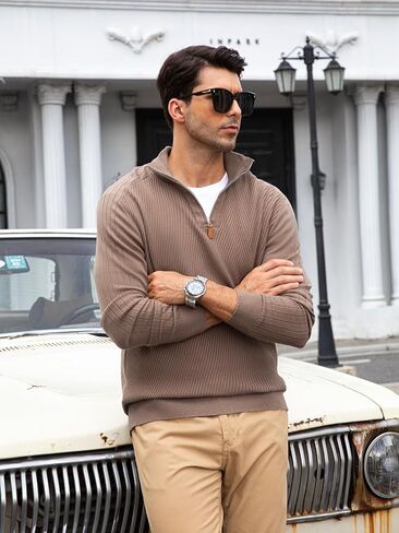 Mens Quarter Zip Pullover Sweater Slim Fit Long Sleeve Knit Lightweight Mock Neck Casual Polo Sweater in Saudi Arabia