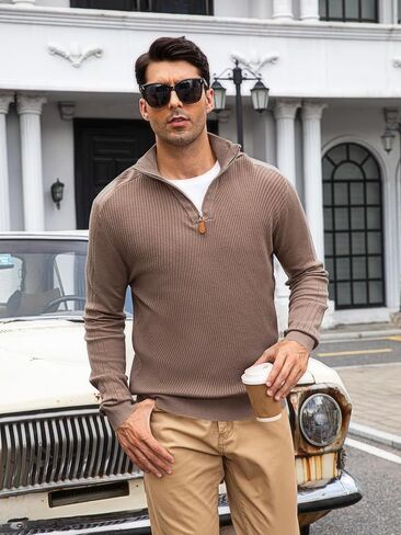 Mens Quarter Zip Pullover Sweater Slim Fit Long Sleeve Knit Lightweight Mock Neck Casual Polo Sweater in Saudi Arabia