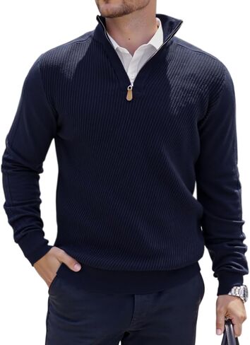 Mens Quarter Zip Pullover Sweater Slim Fit Long Sleeve Knit Lightweight Mock Neck Casual Polo Sweater in Saudi Arabia