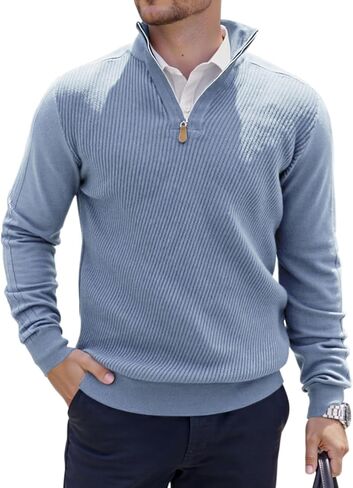 Mens Quarter Zip Pullover Sweater Slim Fit Long Sleeve Knit Lightweight Mock Neck Casual Polo Sweater in Saudi Arabia