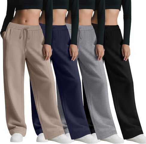 4 Pack Women's Wide Leg Sweatpants, Baggy Straight Elastic Waist Drawstring Multipack Lounge Trousers with Pockets in Saudi Arabia