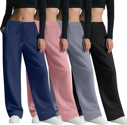 4 Pack Women's Wide Leg Sweatpants, Baggy Straight Elastic Waist Drawstring Multipack Lounge Trousers with Pockets in Saudi Arabia