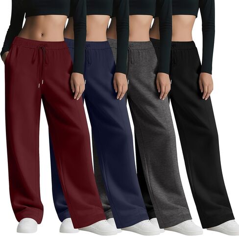 4 Pack Women's Wide Leg Sweatpants, Baggy Straight Elastic Waist Drawstring Multipack Lounge Trousers with Pockets in Saudi Arabia