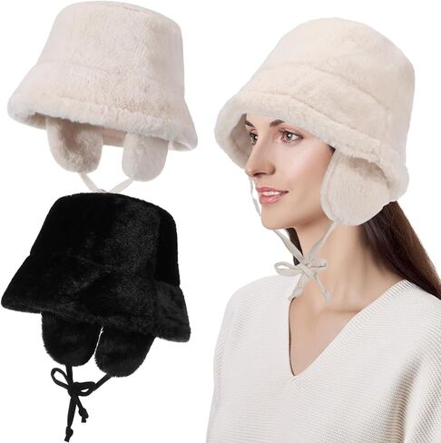 2 Pcs Women's Bucket Hat Faux Fur Fuzzy Bucket Hat Adjustable Fur Cap for Women Men Fluffy Fisherman Cap White and Black in Saudi Arabia