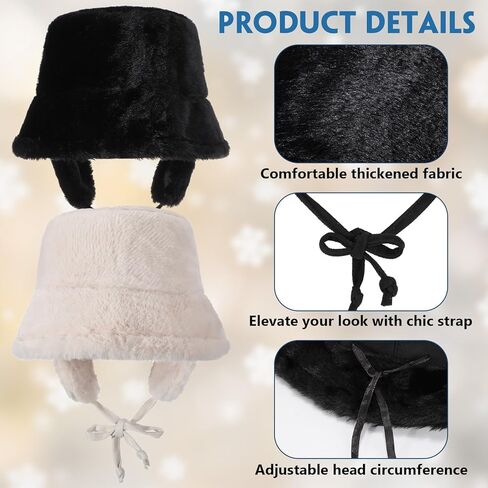 2 Pcs Women's Bucket Hat Faux Fur Fuzzy Bucket Hat Adjustable Fur Cap for Women Men Fluffy Fisherman Cap White and Black in Saudi Arabia